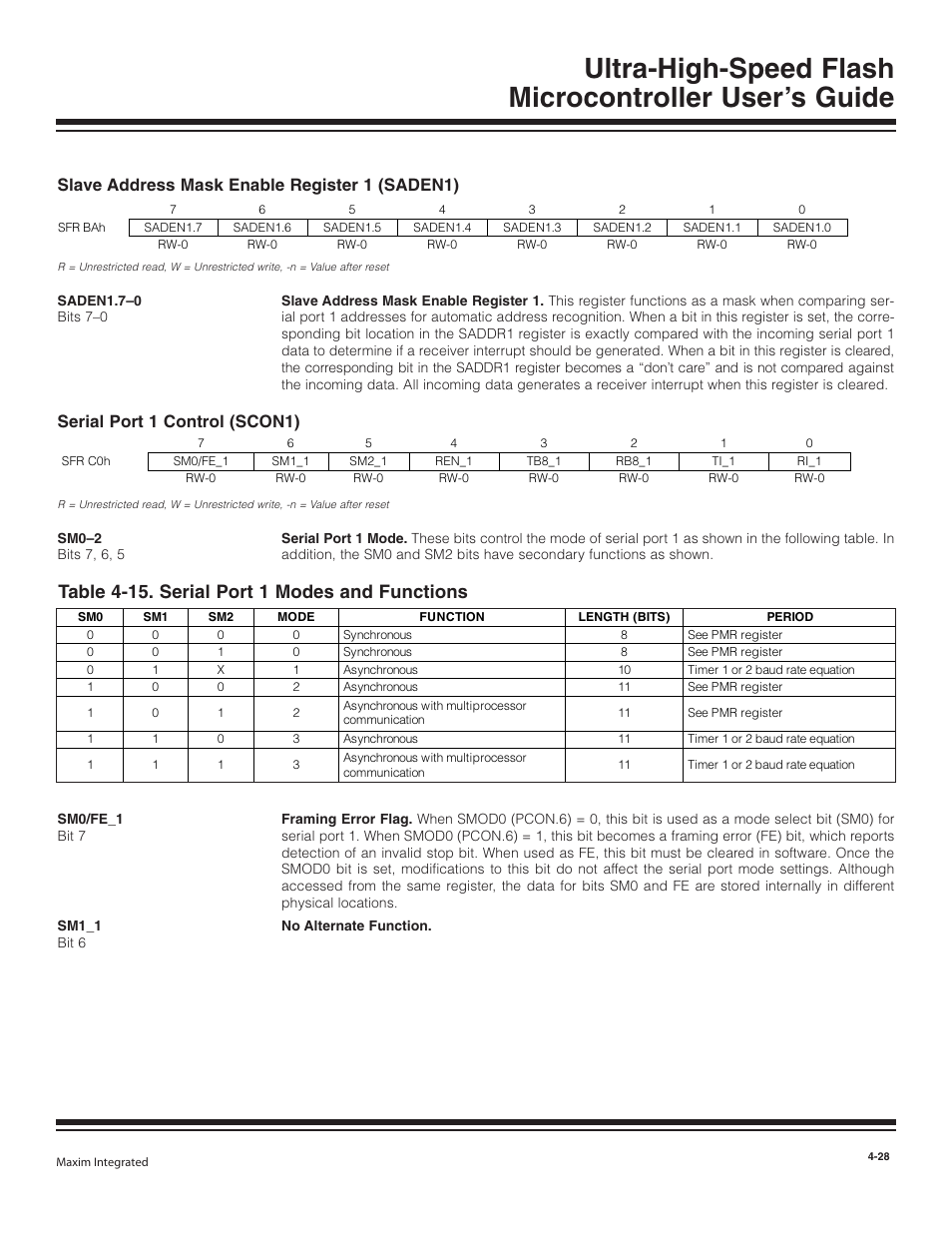 Slave address mask enable re, Serial port 1 control (scon1), Slave address mask enable register 1 (saden1) -28 | Serial port 1 control (scon1) -28, Table 4-15. serial port 1 modes and functions -28, Table 4-15. serial port 1 modes and functions, Slave address mask enable register 1 (saden1) | Maxim Integrated Ultra-High-Speed Flash Microcontroller User Manual | Page 36 / 169