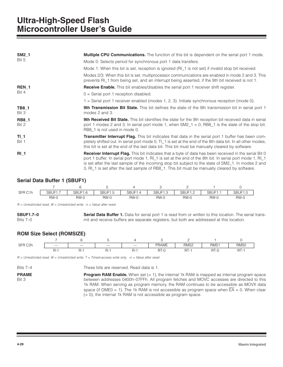 Serial data buffer 1 (sbuf1), Rom size select (romsize), Serial data buffer 1 (sbuf1) -29 | Rom size select (romsize) -29 | Maxim Integrated Ultra-High-Speed Flash Microcontroller User Manual | Page 37 / 169
