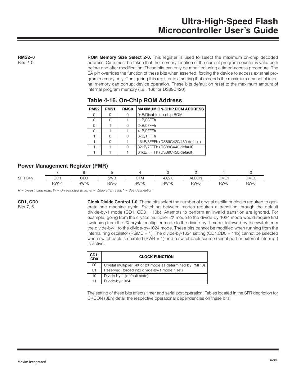 Power management register (pmr), Power management register (pmr) -30, Table 4-16. on-chip rom address -30 | Table 4-16. on-chip rom address | Maxim Integrated Ultra-High-Speed Flash Microcontroller User Manual | Page 38 / 169