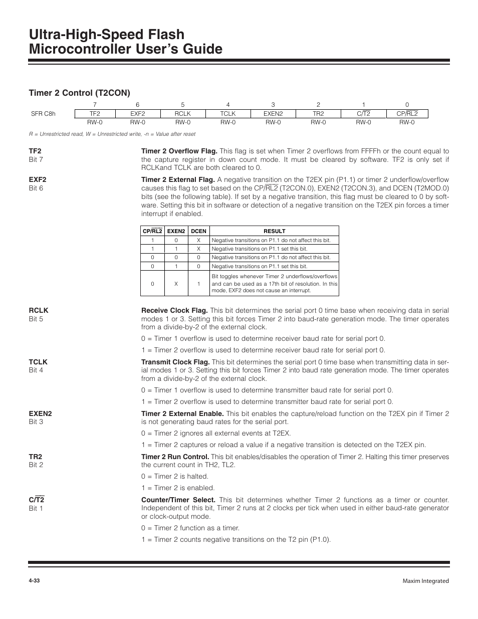 Timer 2 control (t2con), Timer 2 control (t2con) -33 | Maxim Integrated Ultra-High-Speed Flash Microcontroller User Manual | Page 41 / 169