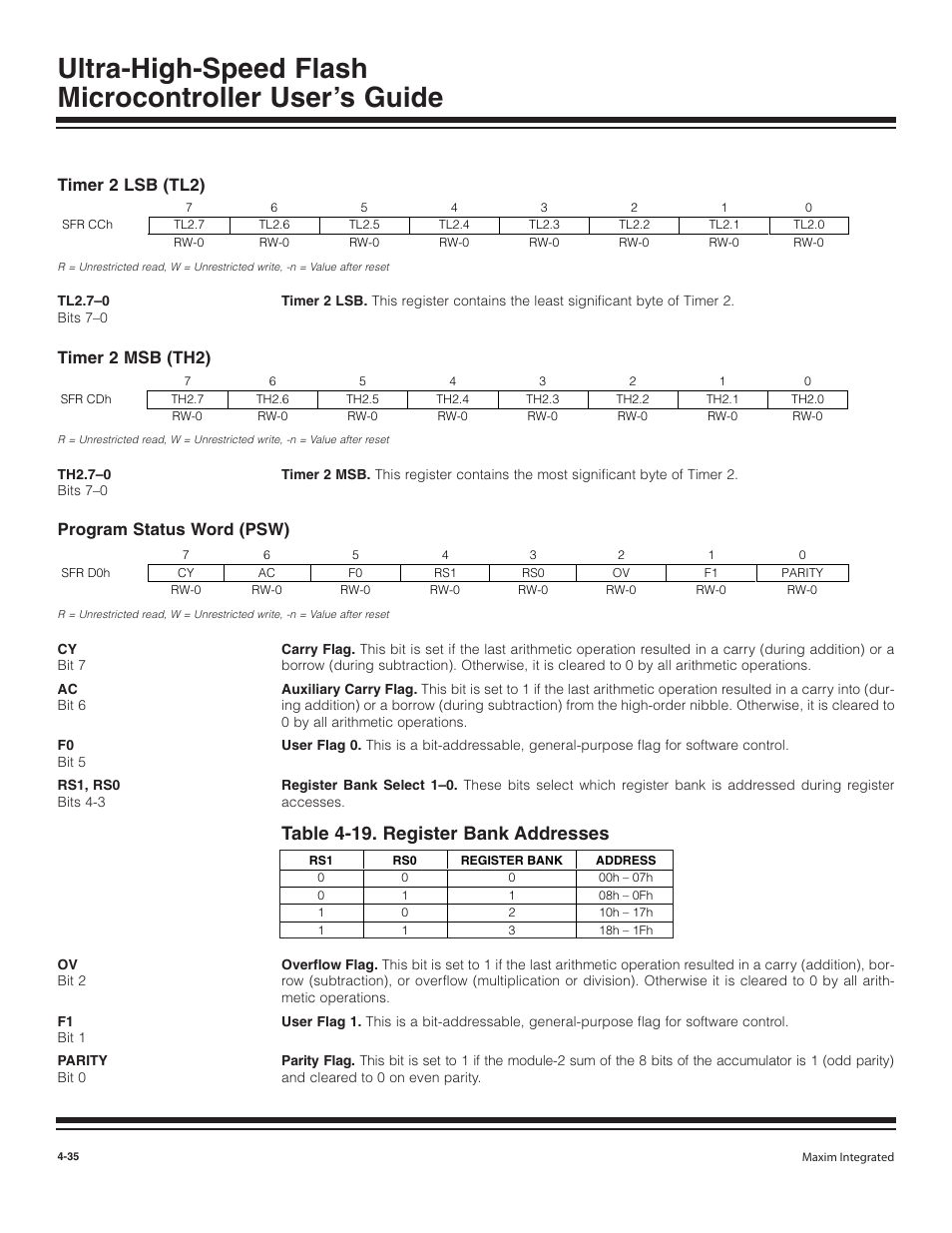Timer 2 lsb (tl2), Timer 2 msb (th2), Program status word (psw) | Timer 2 lsb (tl2) -35, Timer 2 msb (th2) -35, Program status word (psw) -35, Table 4-19. register bank addresses -35, Table 4-19. register bank addresses | Maxim Integrated Ultra-High-Speed Flash Microcontroller User Manual | Page 43 / 169