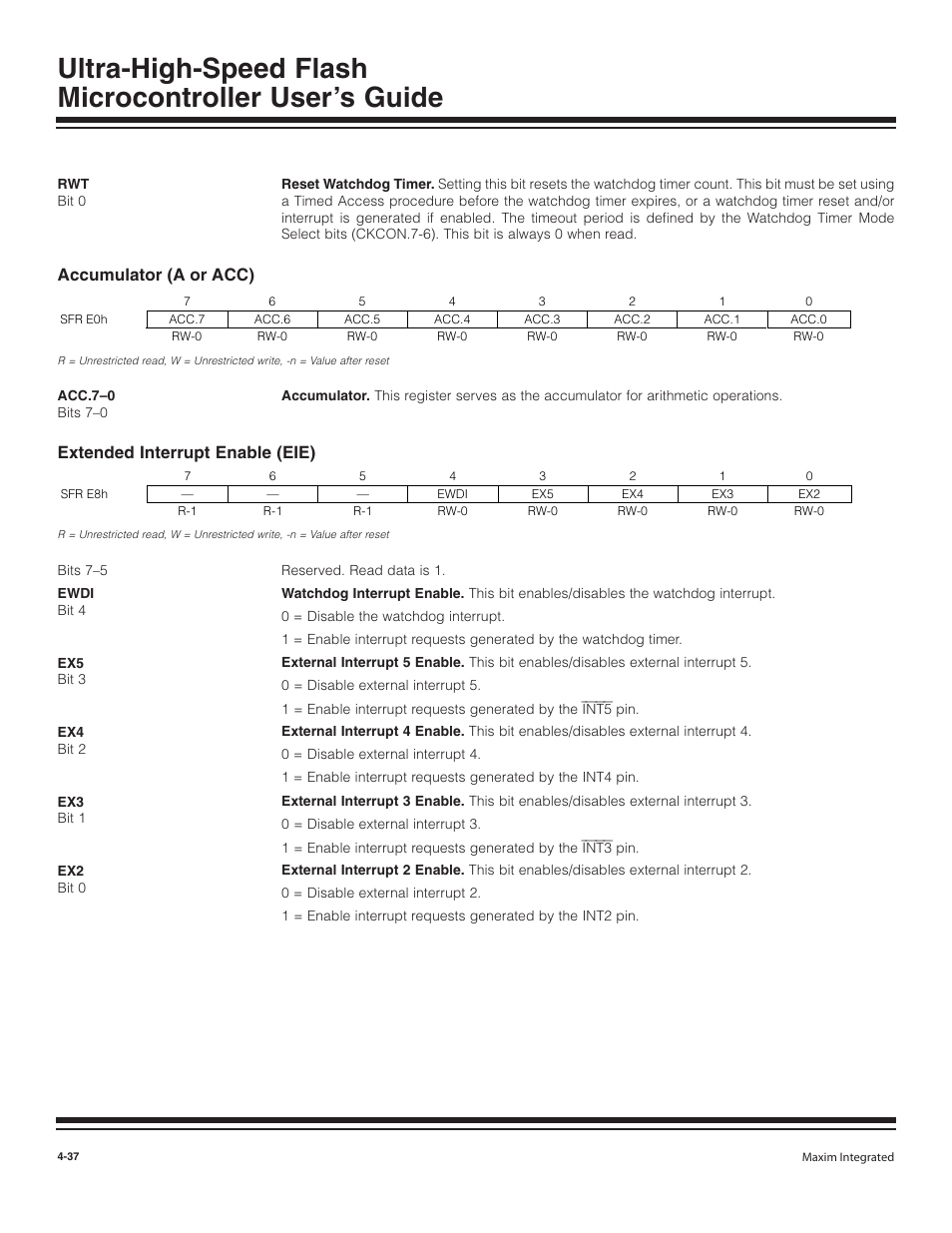 Accumulator (a or acc), Extended interrupt enable (eie), Accumulator (a or acc) -37 | Extended interrupt enable (eie) -37 | Maxim Integrated Ultra-High-Speed Flash Microcontroller User Manual | Page 45 / 169