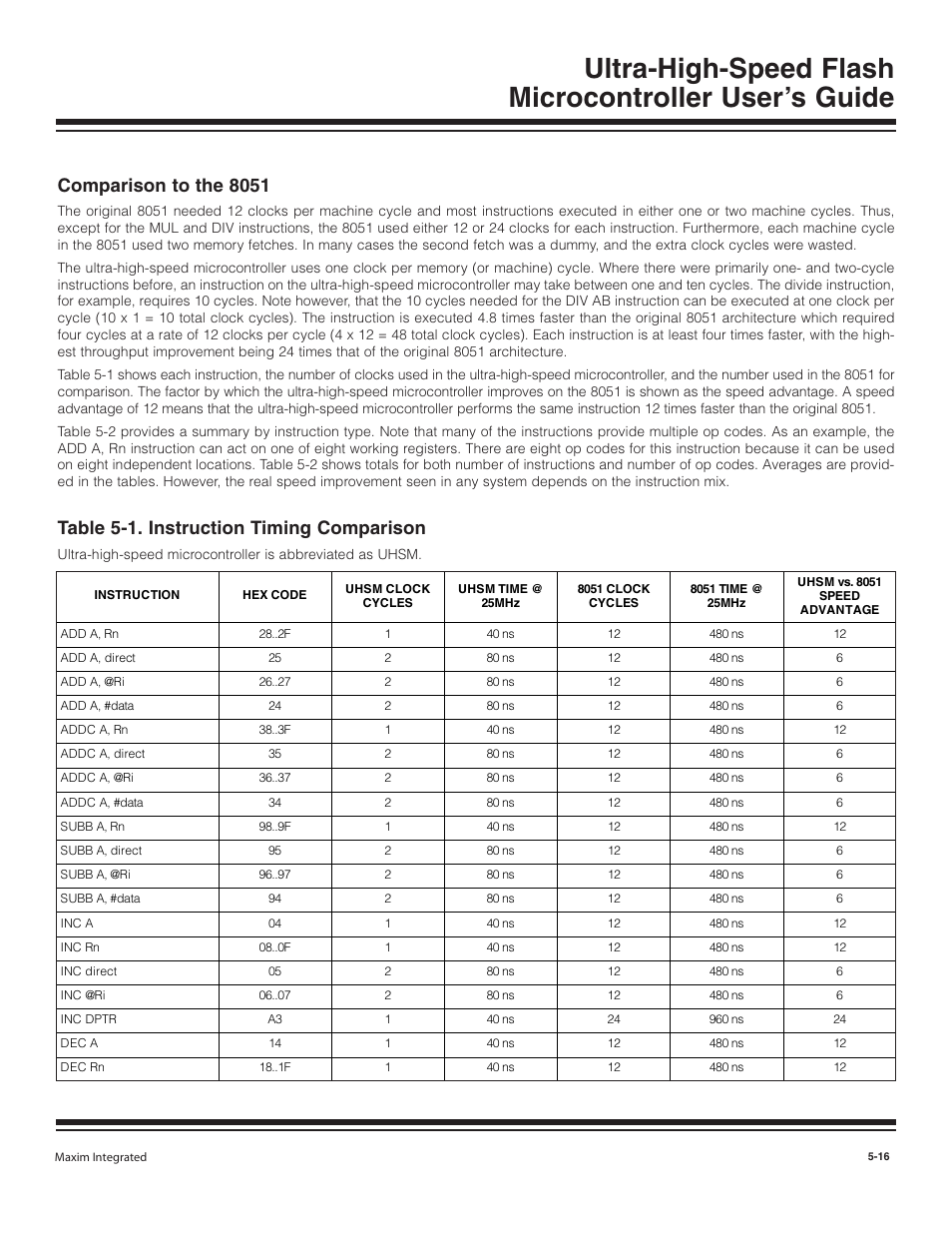 Comparison to the 8051, Comparison to the 8051 -16, Table 5-1. instruction timing comparison -16 | Table 5-1. instruction timing comparison | Maxim Integrated Ultra-High-Speed Flash Microcontroller User Manual | Page 63 / 169