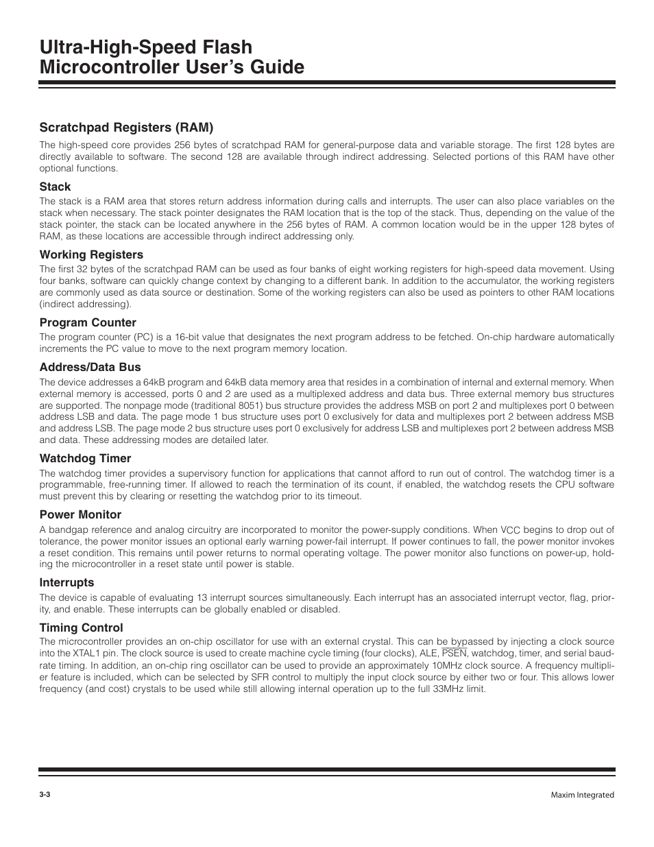 Scratchpad registers (ram), Stack, Working registers | Program counter, Address/data bus, Watchdog timer, Power monitor, Interrupts, Timing control, Scratchpad registers (ram) -3 | Maxim Integrated Ultra-High-Speed Flash Microcontroller User Manual | Page 7 / 169