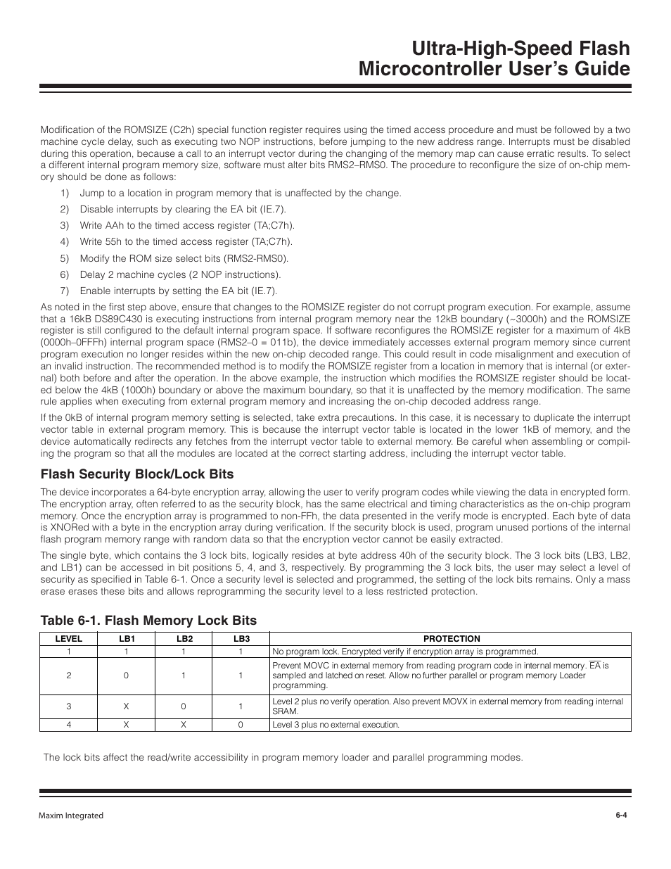 Flash security block/lock bits, Flash security block/lock bits -4, Table 6-1. flash memory lock bits -4 | Maxim Integrated Ultra-High-Speed Flash Microcontroller User Manual | Page 71 / 169