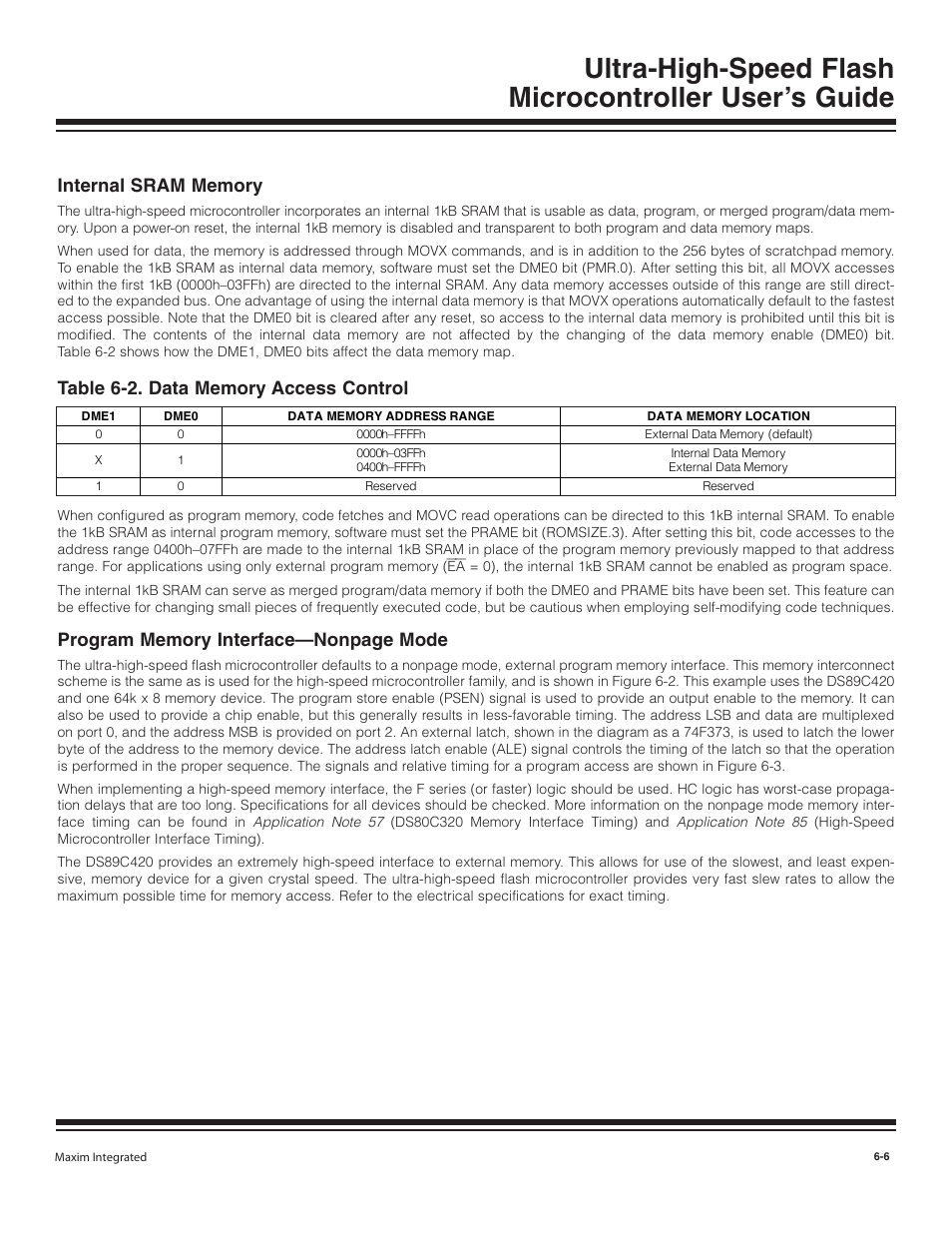 Internal sram memory, Program memory interface—non, Internal sram memory -6 | Table 6-2. data memory access control -6 | Maxim Integrated Ultra-High-Speed Flash Microcontroller User Manual | Page 73 / 169