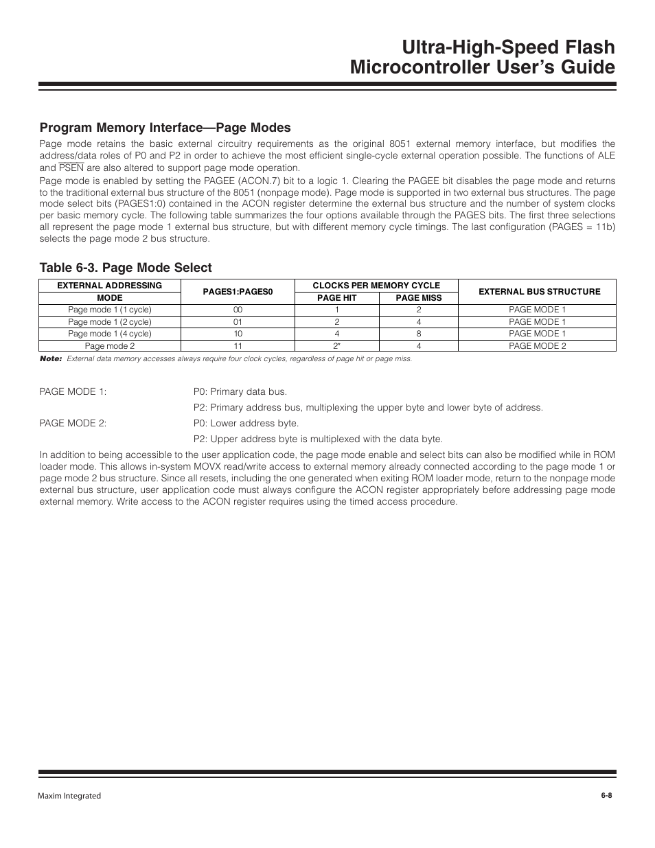 Program memory interface—pag, Table 6-3. page mode select | Maxim Integrated Ultra-High-Speed Flash Microcontroller User Manual | Page 75 / 169