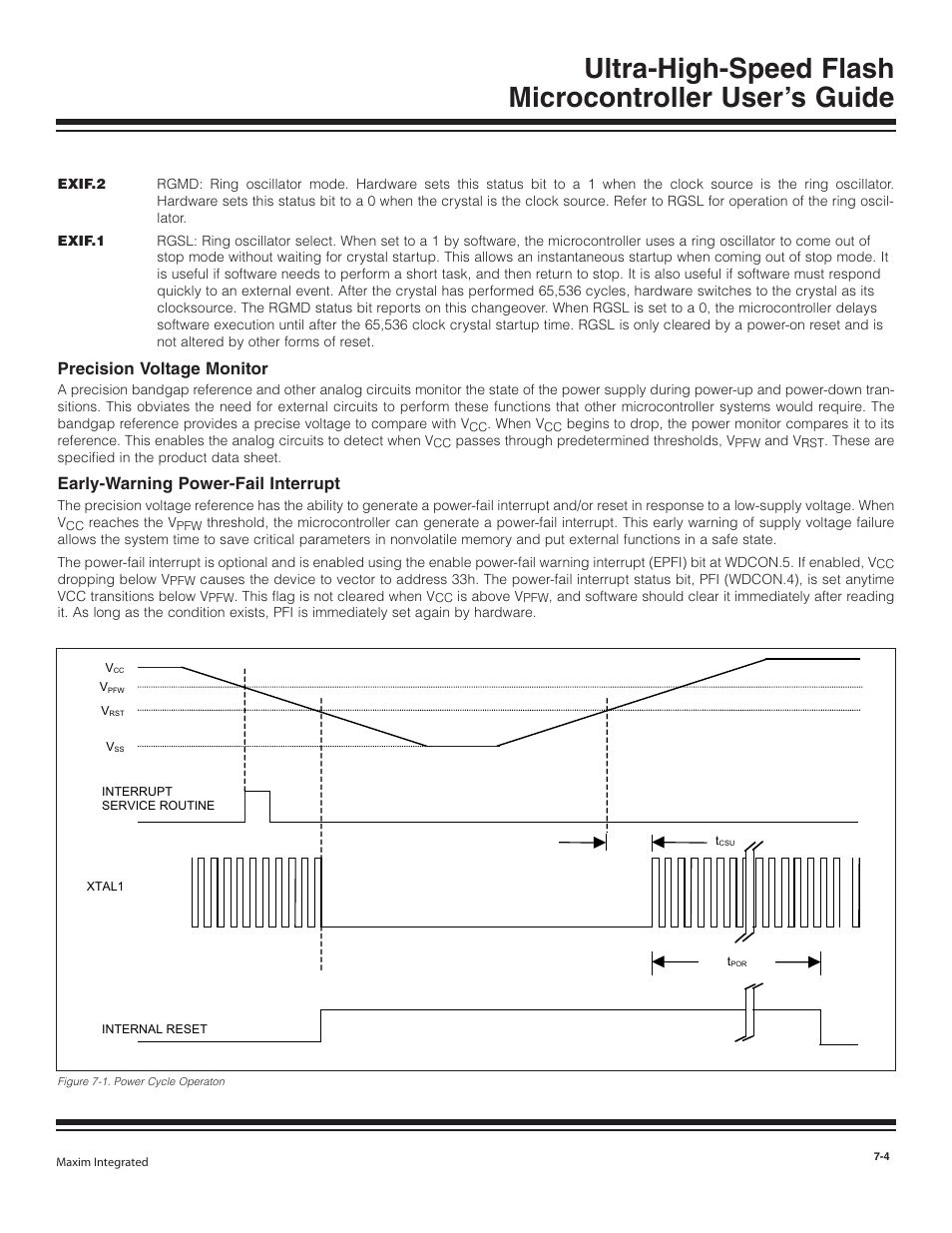 Precision voltage monitor, Early-warning power-fail int, Precision voltage monitor -4 | Early-warning power-fail interrupt -4, Figure 7-1. power cycle operaton -4, Early-warning power-fail interrupt | Maxim Integrated Ultra-High-Speed Flash Microcontroller User Manual | Page 96 / 169