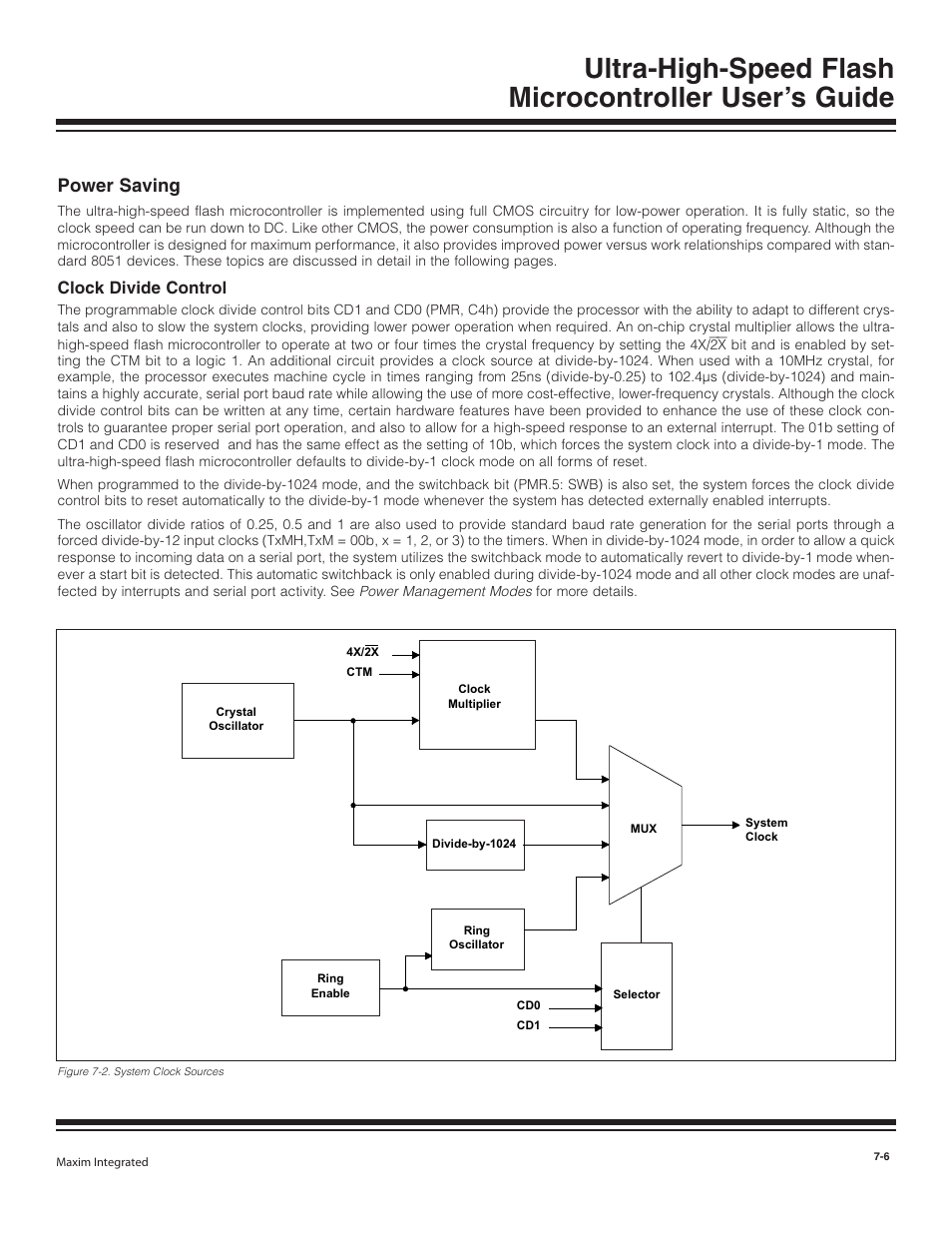 Power saving, Clock divide control, Power saving -6 | Clock divide control -6, Figure 7-2. system clock sources -6 | Maxim Integrated Ultra-High-Speed Flash Microcontroller User Manual | Page 98 / 169