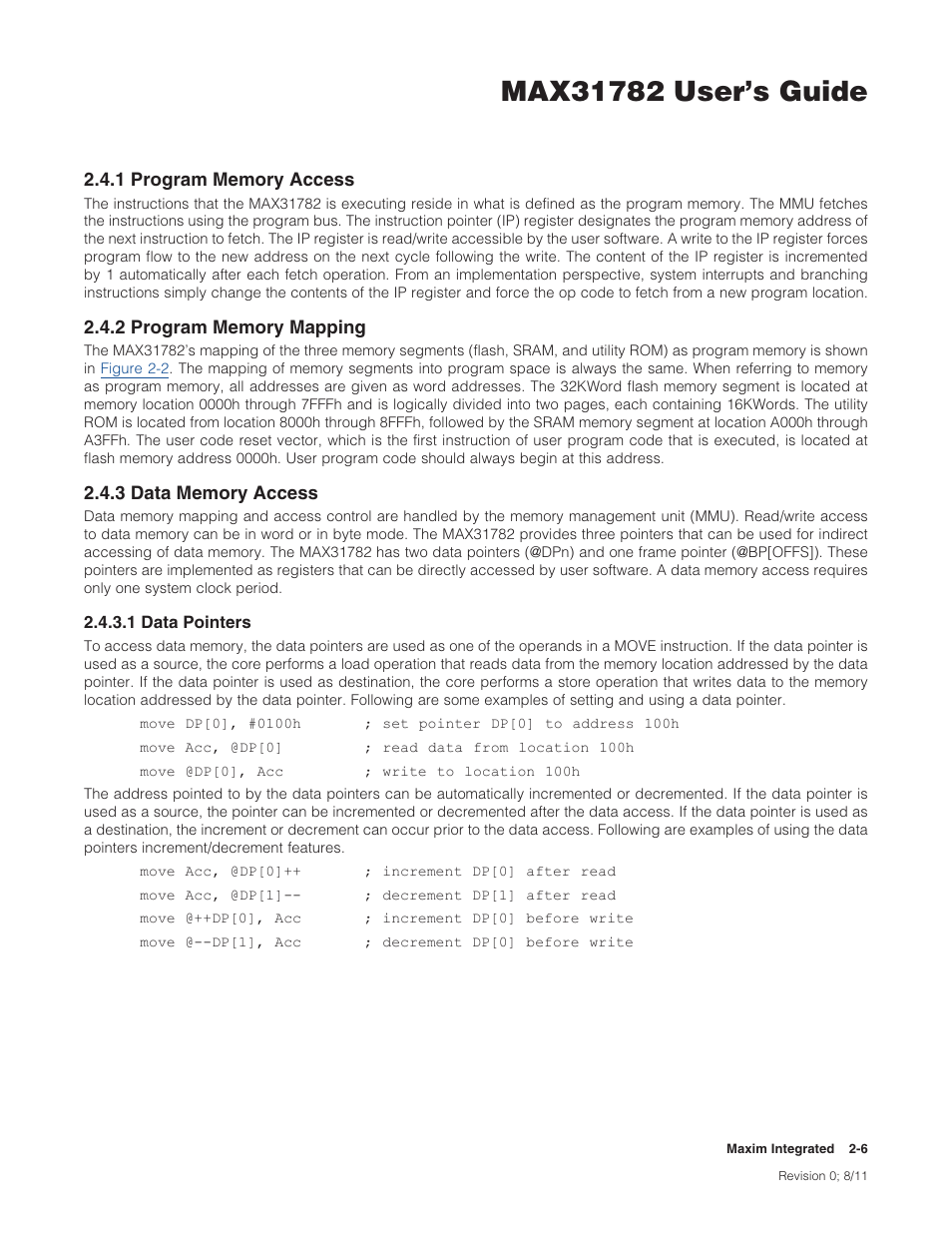 1 program memory access, 2 program memory mapping, 3 data memory access | 1 data pointers, 2 .4 .3 .1 data pointers -6 | Maxim Integrated MAX31782 User Manual | Page 10 / 223