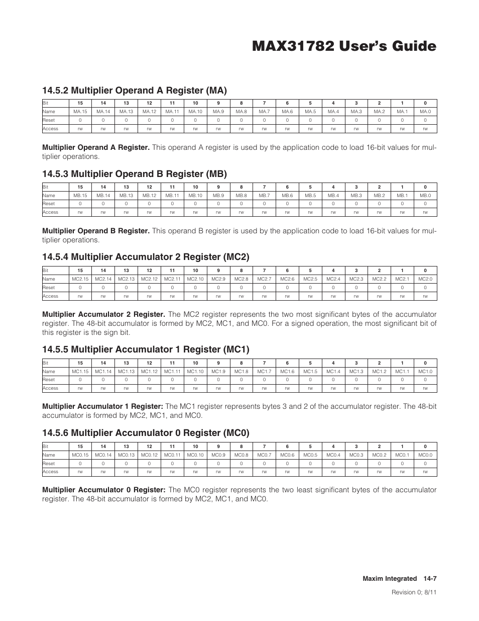 2 multiplier operand a register (ma), 3 multiplier operand b register (mb), 4 multiplier accumulator 2 register (mc2) | 5 multiplier accumulator 1 register (mc1), 6 multiplier accumulator 0 register (mc0), 2multiplieroperandaregister(ma), 3multiplieroperandbregister(mb), 4multiplieraccumulator2register(mc2), 5multiplieraccumulator1register(mc1), 6multiplieraccumulator0register(mc0) | Maxim Integrated MAX31782 User Manual | Page 122 / 223