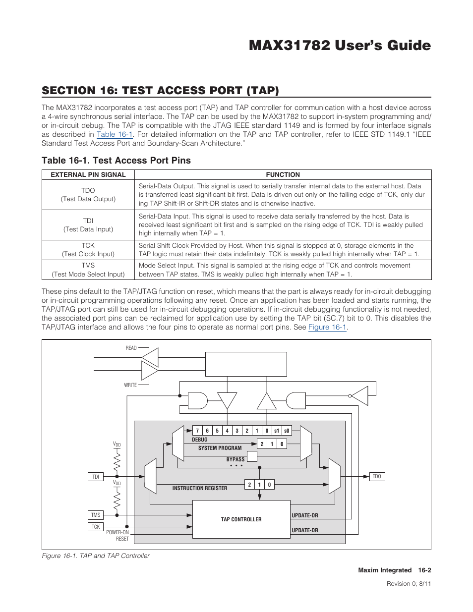 Table 16-1 . test access port pins -2, Figure 16-1 . tap and tap controller -2, Table16-1.testaccessportpins | Maxim Integrated MAX31782 User Manual | Page 130 / 223