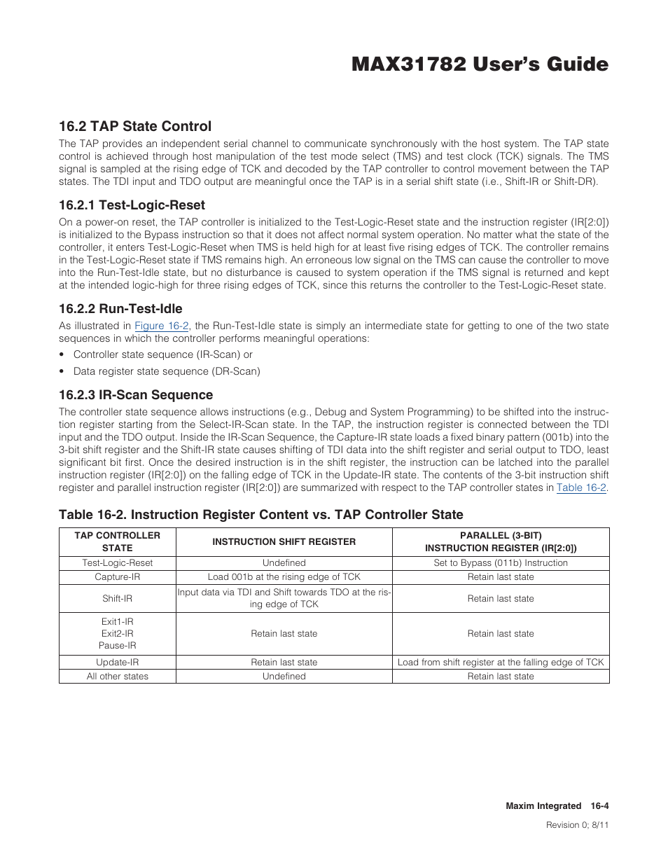 2 tap state control, 1 test-logic-reset, 2 run-test-idle | 3 ir-scan sequence, 16 .2 tap state control -4, 2tapstatecontrol, 1test-logic-reset, 2run-test-idle, 3ir-scansequence | Maxim Integrated MAX31782 User Manual | Page 132 / 223