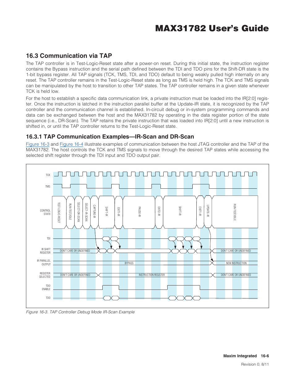 3 communication via tap, 1 tap communication examples—ir-scan and dr-scan, 16 .3 communication via tap -6 | 3communicationviatap, 1tapcommunicationexamples—ir-scananddr-scan | Maxim Integrated MAX31782 User Manual | Page 134 / 223