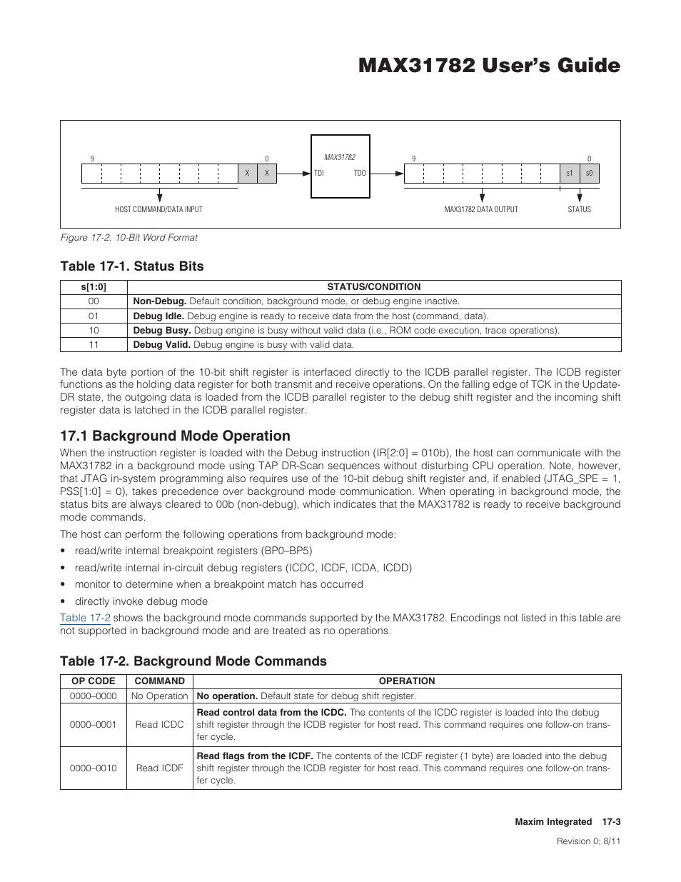 1 background mode operation, 17 .1 background mode operation -3, Figure 17-2 . 10-bit word format -3 | Figure 17-2, Table 17-1, 1backgroundmodeoperation | Maxim Integrated MAX31782 User Manual | Page 138 / 223