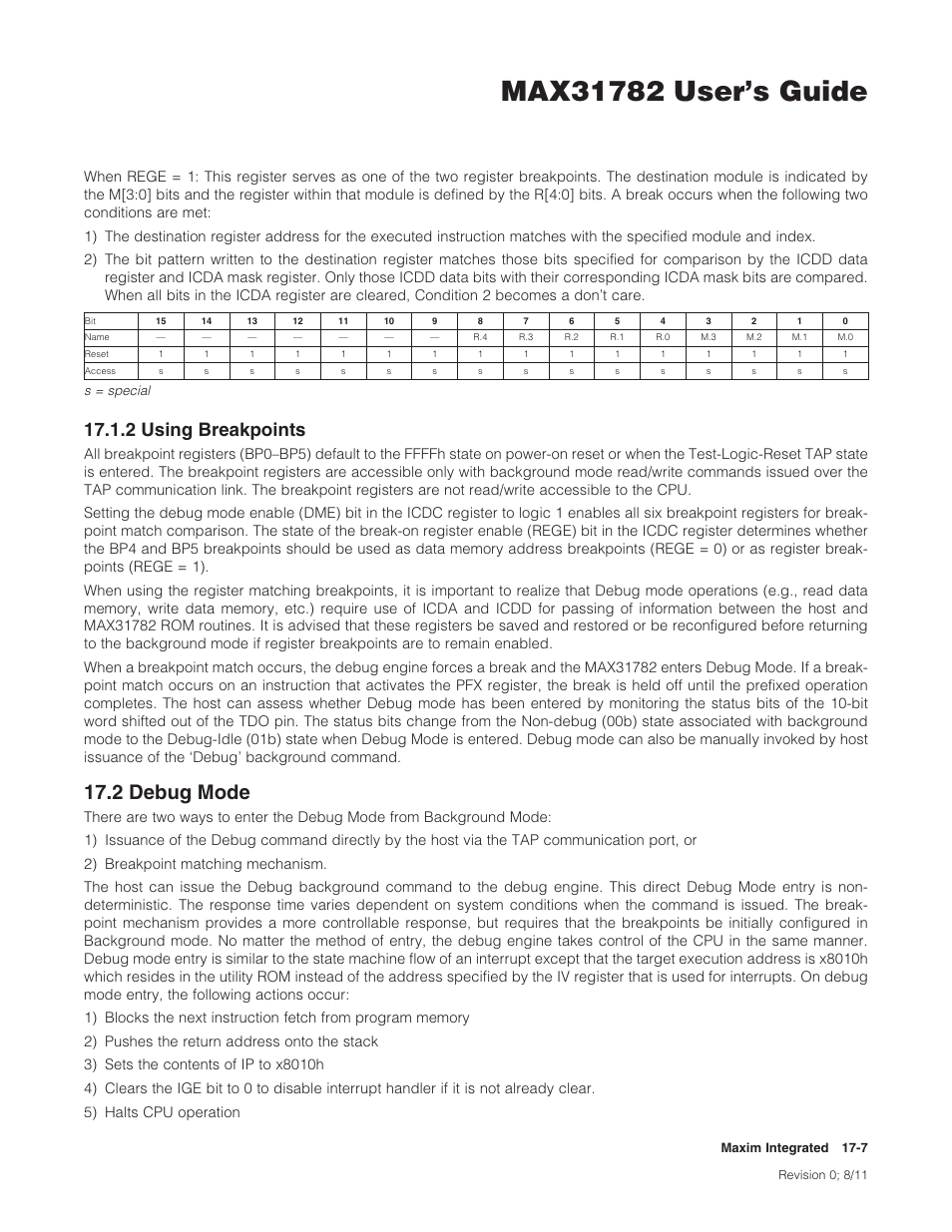 2 using breakpoints, 2 debug mode, 17 .1 .2 using breakpoints -7 | 17 .2 debug mode -7, 2debugmode, 2usingbreakpoints | Maxim Integrated MAX31782 User Manual | Page 142 / 223