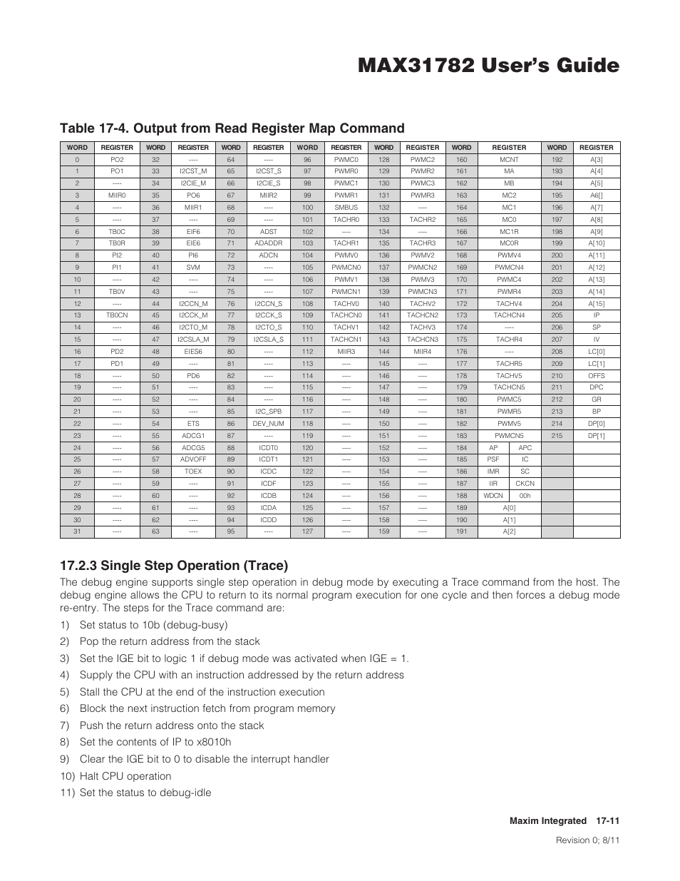 3 single step operation (trace), 17 .2 .3 single step operation (trace) -11, Table 17-4 | Maximintegrated 17-11 | Maxim Integrated MAX31782 User Manual | Page 146 / 223