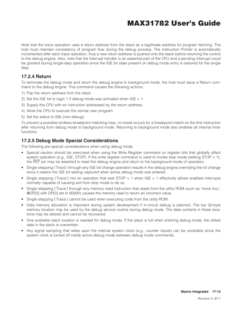 4 return, 5 debug mode special considerations | Maxim Integrated MAX31782 User Manual | Page 147 / 223