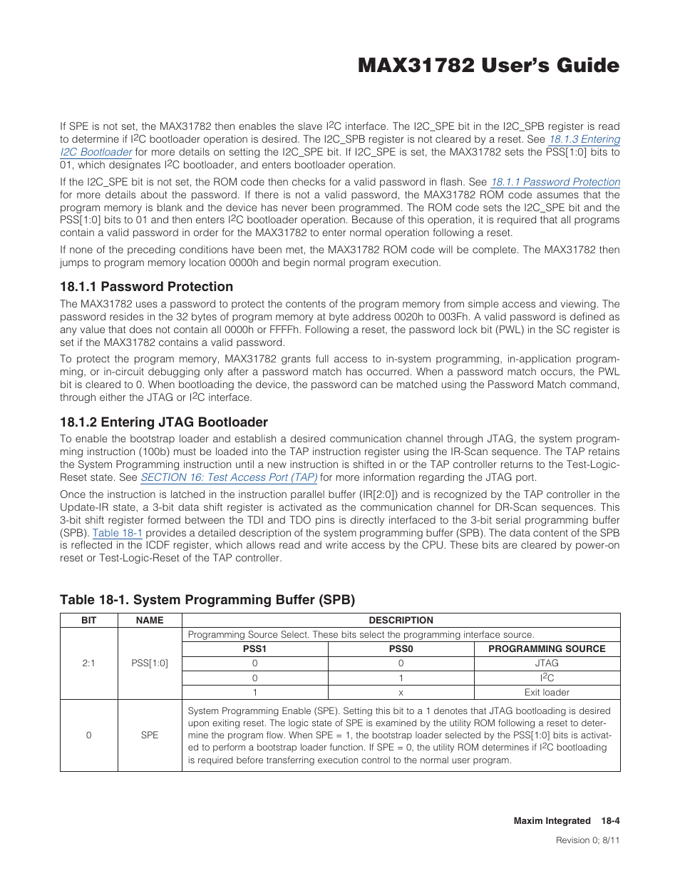 1 password protection, 2 entering jtag bootloader, Table 18-1 . system programming buffer (spb) -4 | 1passwordprotection, 2enteringjtagbootloader, Table18-1.systemprogrammingbuffer(spb) | Maxim Integrated MAX31782 User Manual | Page 155 / 223