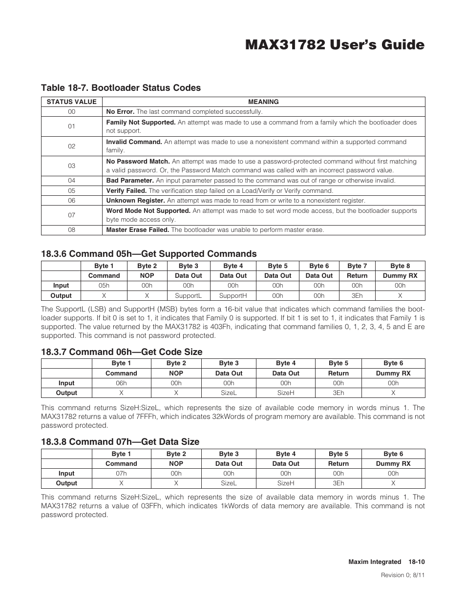 6 command 05h—get supported commands, 7 command 06h—get code size, 8 command 07h—get data size | Table 18-7 . bootloader status codes -10, 6command05h—getsupportedcommands, 7command06h—getcodesize, 8command07h—getdatasize, Table18-7.bootloaderstatuscodes | Maxim Integrated MAX31782 User Manual | Page 161 / 223
