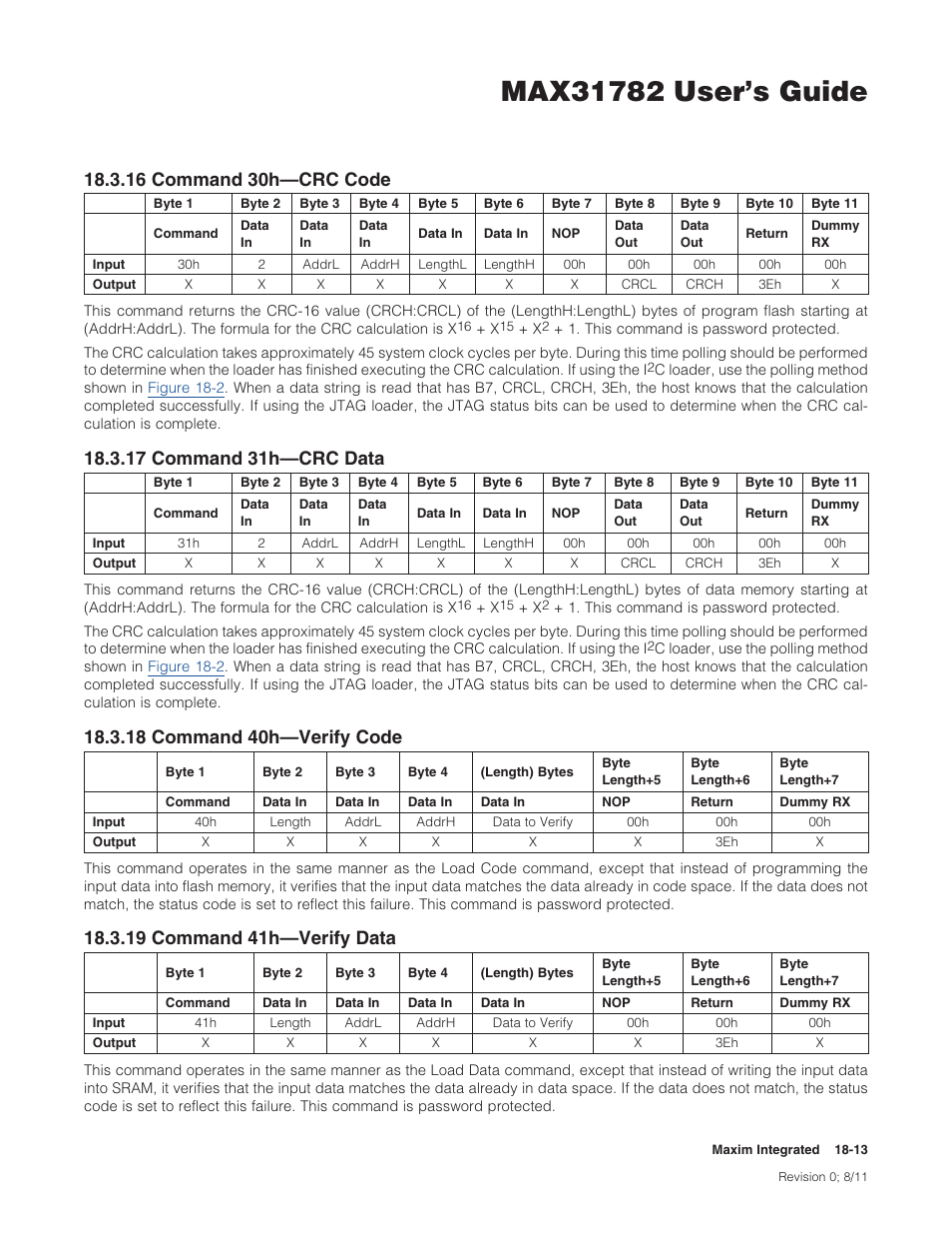 16 command 30h—crc code, 17 command 31h—crc data, 18 command 40h—verify code | 19 command 41h—verify data, 16command30h—crccode, 17command31h—crcdata, 18command40h—verifycode, 19command41h—verifydata | Maxim Integrated MAX31782 User Manual | Page 164 / 223