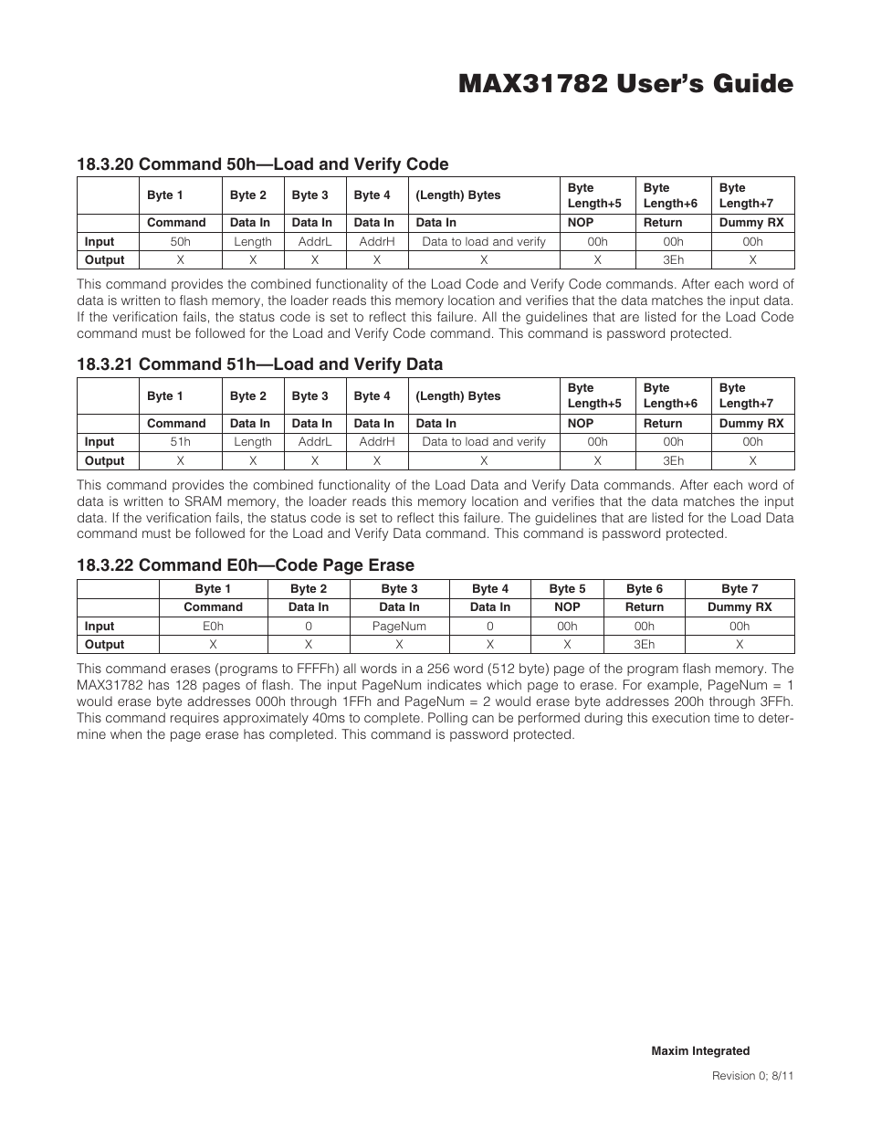 20 command 50h—load and verify code, 21 command 51h—load and verify data, 20command50h—loadandverifycode | 21command51h—loadandverifydata, 22commande0h—codepageerase | Maxim Integrated MAX31782 User Manual | Page 165 / 223