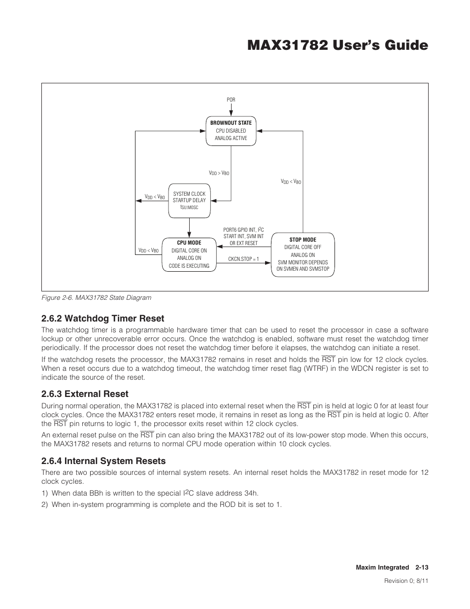 2 watchdog timer reset, 3 external reset, 4 internal system resets | Figure 2-6 . max31782 state diagram -13, 2watchdogtimerreset, 3externalreset, 4internalsystemresets | Maxim Integrated MAX31782 User Manual | Page 17 / 223