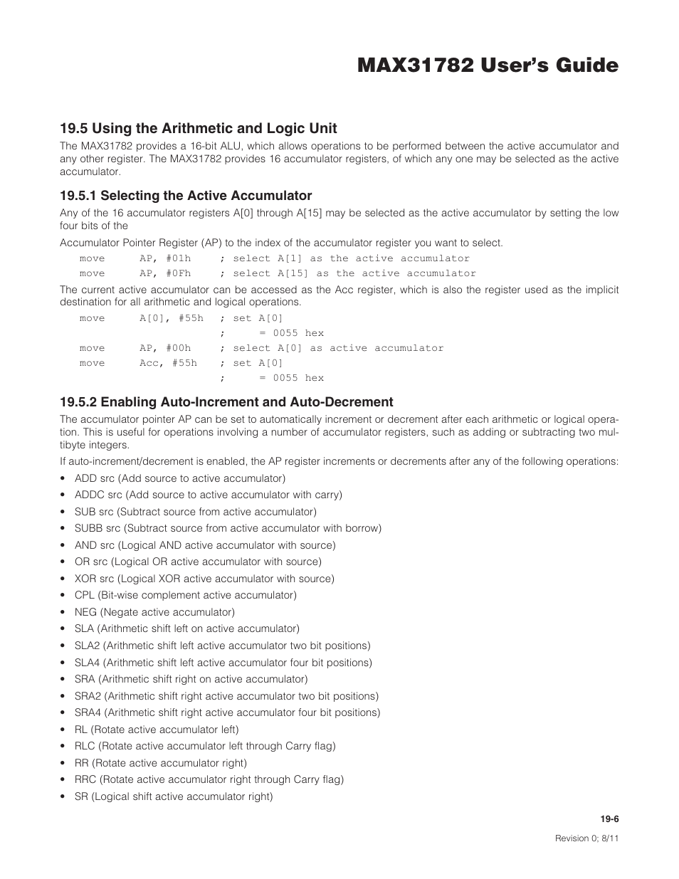 5 using the arithmetic and logic unit, 1 selecting the active accumulator, 2 enabling auto-increment and auto-decrement | 19 .5 using the arithmetic and logic unit -6, 5usingthearithmeticandlogicunit | Maxim Integrated MAX31782 User Manual | Page 171 / 223