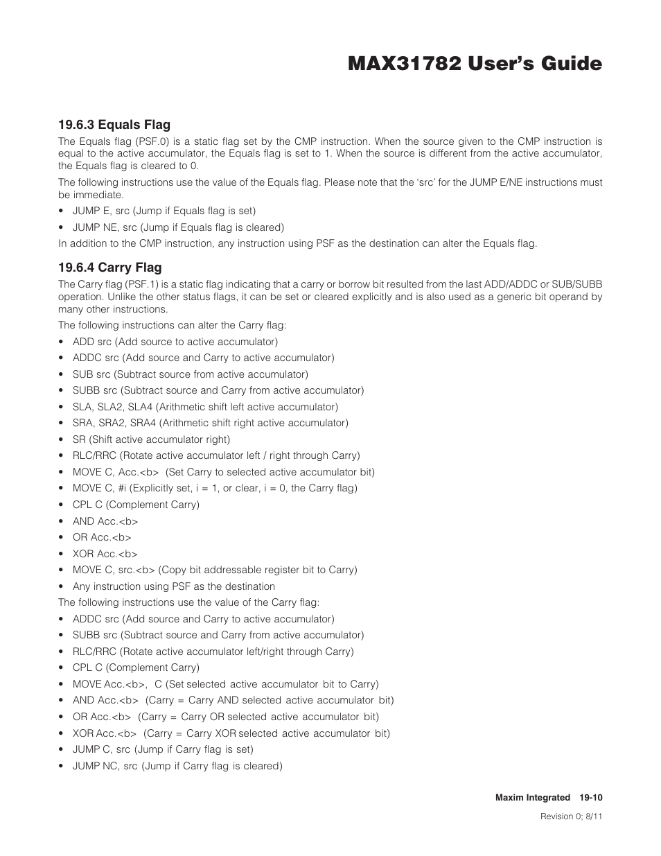 3 equals flag, 4 carry flag, 19 .6 .3 equals flag -10 19 .6 .4 carry flag -10 | Maxim Integrated MAX31782 User Manual | Page 175 / 223