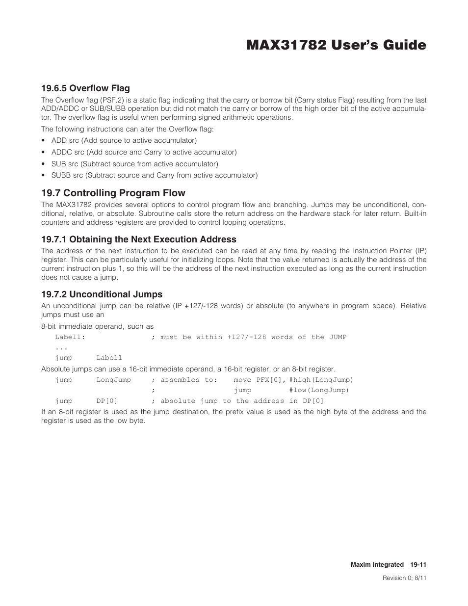 5 overflow flag, 7 controlling program flow, 1 obtaining the next execution address | 2 unconditional jumps, 19 .6 .5 overflow flag -11, 19 .7 controlling program flow -11, 7controllingprogramflow | Maxim Integrated MAX31782 User Manual | Page 176 / 223