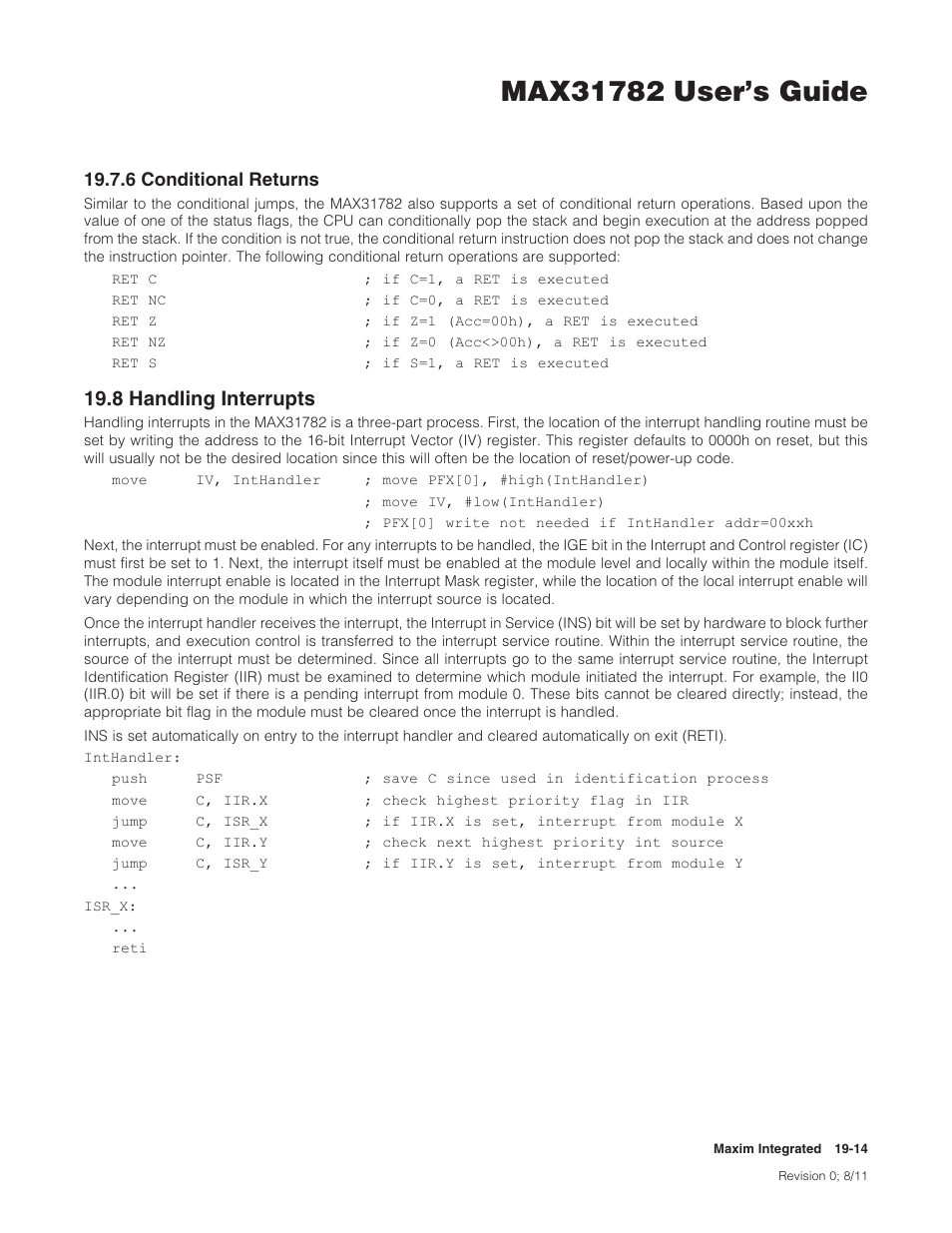 6 conditional returns, 8 handling interrupts, 19 .7 .6 conditional returns -14 | 19 .8 handling interrupts -14, 8handlinginterrupts, 6conditionalreturns | Maxim Integrated MAX31782 User Manual | Page 179 / 223