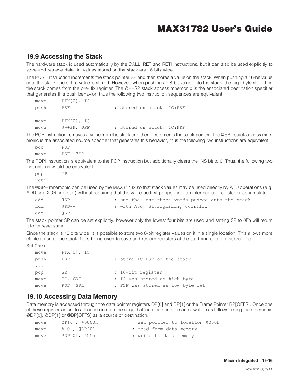 9 accessing the stack, 10 accessing data memory, 9accessingthestack | Maxim Integrated MAX31782 User Manual | Page 181 / 223