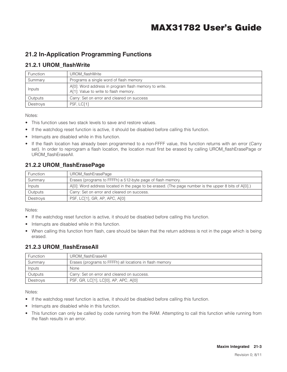 2 in-application programming functions, 1 urom_flashwrite, 3 urom_flasheraseall | 21 .2 in-application programming functions -3, 2in-applicationprogrammingfunctions, 1urom�flashwrite, 2urom�flasherasepage, 3urom�flasheraseall | Maxim Integrated MAX31782 User Manual | Page 216 / 223