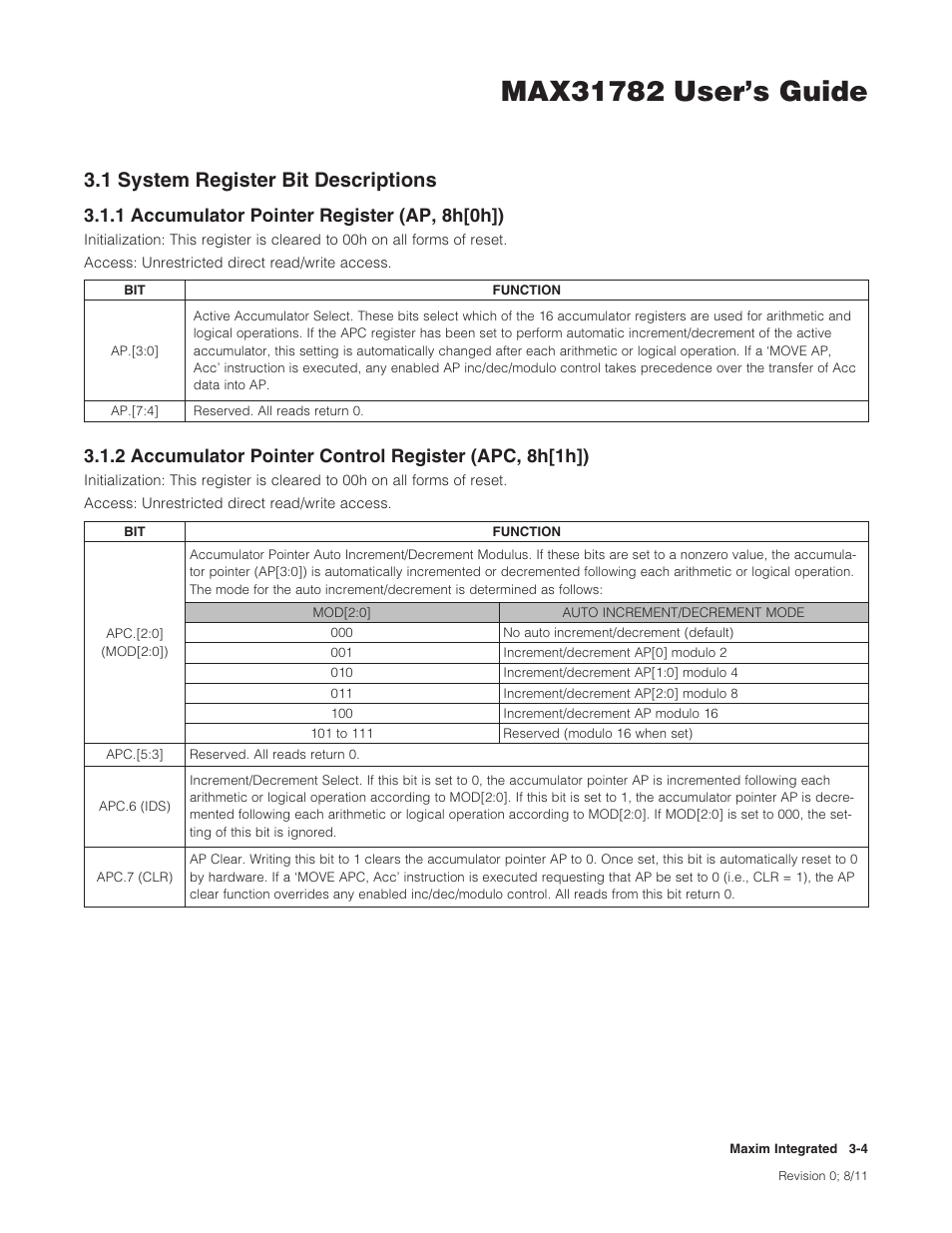 1 system register bit descriptions, 1 accumulator pointer register (ap, 8h[0h]), 3 .1 system register bit descriptions -4 | 1systemregisterbitdescriptions, 1accumulatorpointerregister(ap,8h[0h]) | Maxim Integrated MAX31782 User Manual | Page 22 / 223