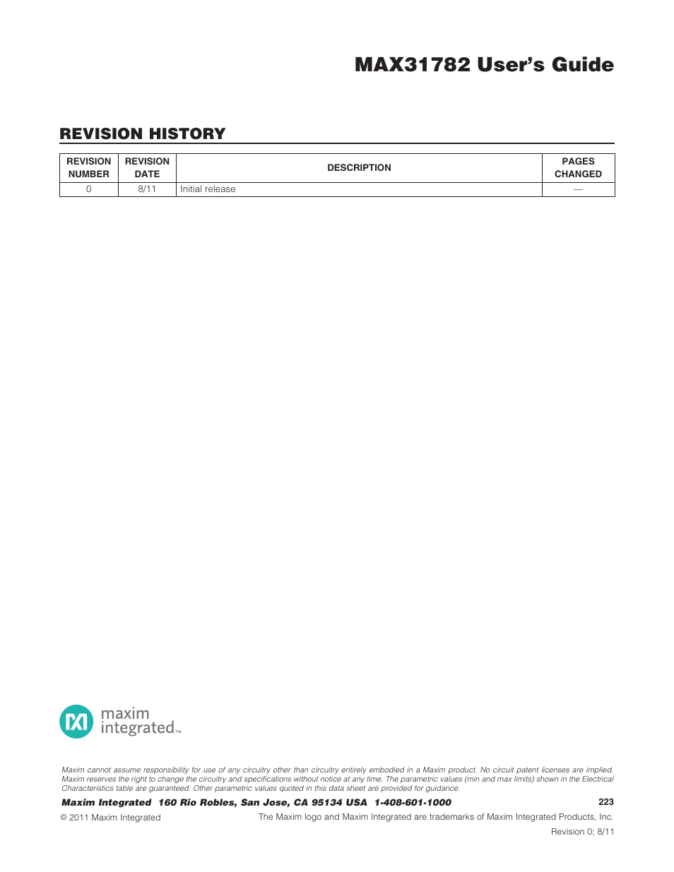 Revision history | Maxim Integrated MAX31782 User Manual | Page 223 / 223