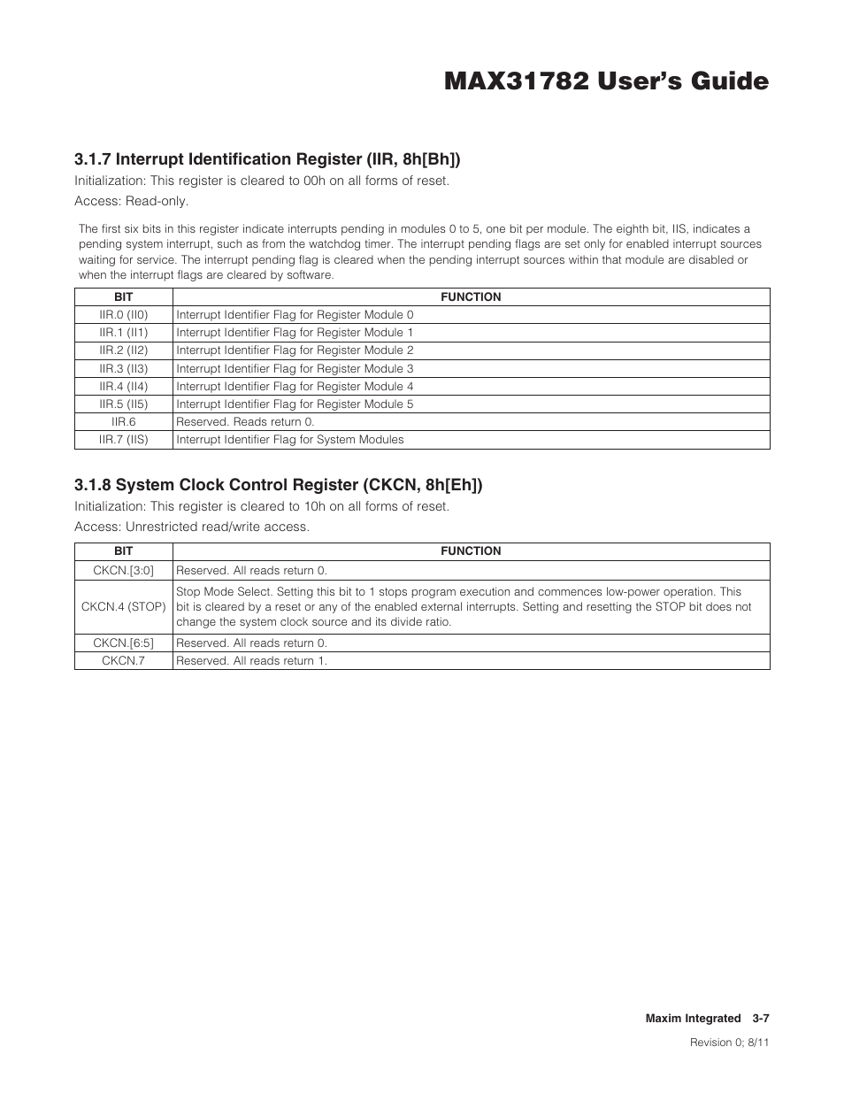 7 interrupt identification register (iir, 8h[bh]), 8 system clock control register (ckcn, 8h[eh]), 7interruptidentificationregister(iir,8h[bh]) | 8systemclockcontrolregister(ckcn,8h[eh]) | Maxim Integrated MAX31782 User Manual | Page 25 / 223