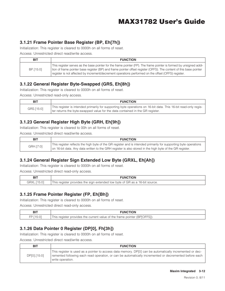 21 frame pointer base register (bp, eh[7h]), 22 general register byte-swapped (grs, eh[8h]), 23 general register high byte (grh, eh[9h]) | 25 frame pointer register (fp, eh[bh]), 26 data pointer 0 register (dp[0], fh[3h]), 21framepointerbaseregister(bp,eh[7h]), 22generalregisterbyte-swapped(grs,eh[8h]), 23generalregisterhighbyte(grh,eh[9h]), 25framepointerregister(fp,eh[bh]) | Maxim Integrated MAX31782 User Manual | Page 30 / 223