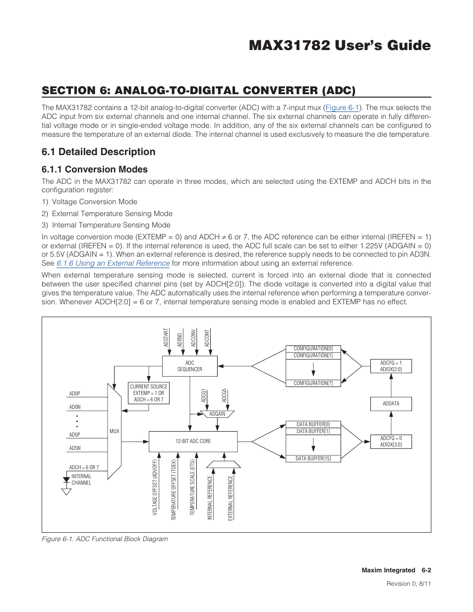 1 detailed description, 1 conversion modes, 6 .1 detailed description -2 | 6 .1 .1 conversion modes -2, Figure 6-1 . adc functional block diagram -2, 1detaileddescription, 1conversionmodes | Maxim Integrated MAX31782 User Manual | Page 45 / 223