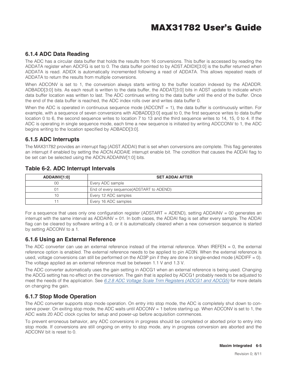 4 adc data reading, 5 adc interrupts, 6 using an external reference | 7 stop mode operation, Table 6-2 . adc interrupt intervals -5 | Maxim Integrated MAX31782 User Manual | Page 48 / 223