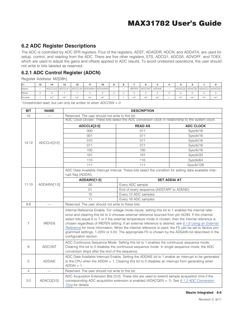 2 adc register descriptions, 1 adc control register (adcn), 6 .2 adc register descriptions -6 | 6 .2 .1 adc control register (adcn) -6, 2adcregisterdescriptions, 1adccontrolregister(adcn) | Maxim Integrated MAX31782 User Manual | Page 49 / 223