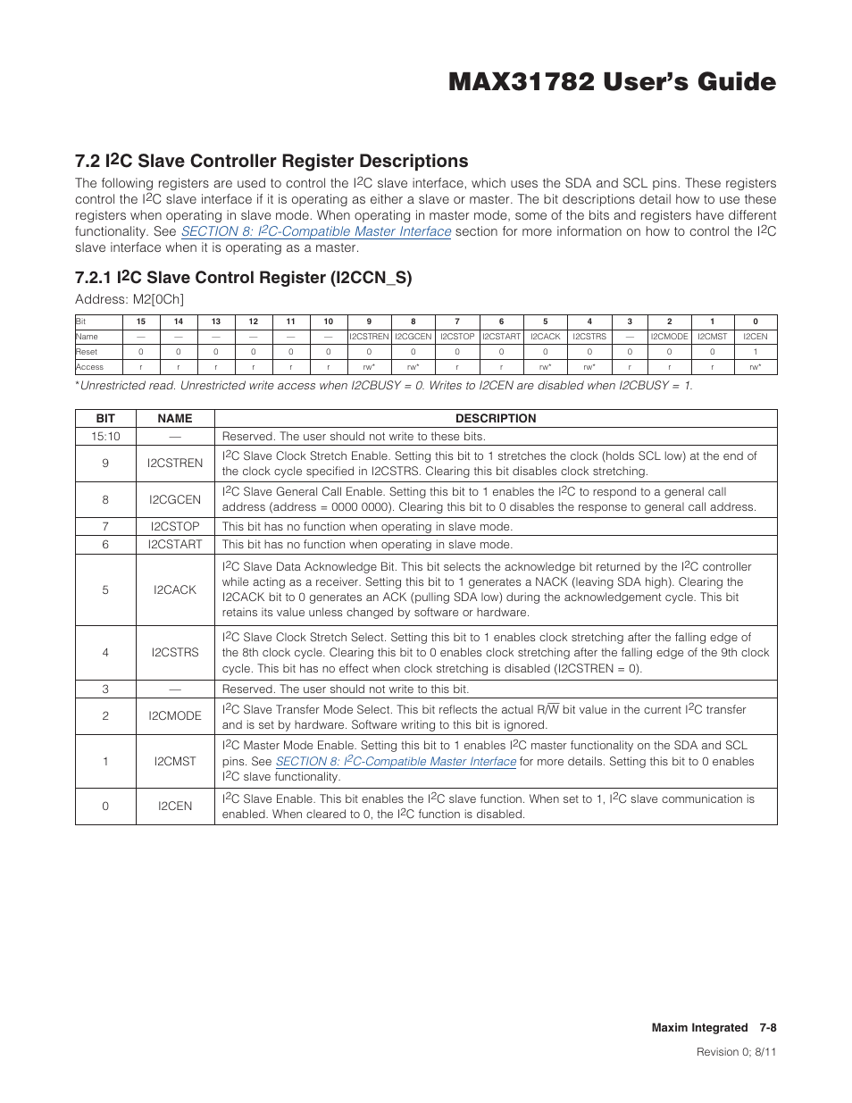 2 i2c slave controller register descriptions, 1 i2c slave control register (i2ccn_s), 7 .2 i | C slave controller register descriptions -8, 7 .2 .1 i, C slave control register (i2ccn_s) -8, Cslavecontrollerregisterdescriptions, Cslavecontrolregister(i2ccn�s) | Maxim Integrated MAX31782 User Manual | Page 64 / 223