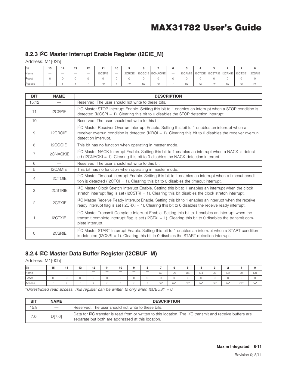3 i2c master interrupt enable register (i2cie_m), 4 i2c master data buffer register (i2cbuf_m), 8 .2 .3 i | C master interrupt enable register (i2cie_m) -11, 8 .2 .4 i, C master data buffer register (i2cbuf_m) -11, Cmasterinterruptenableregister(i2cie�m), Cmasterdatabufferregister(i2cbuf�m) | Maxim Integrated MAX31782 User Manual | Page 79 / 223