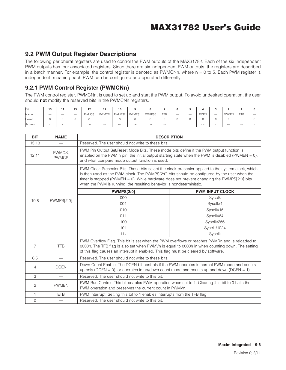 2 pwm output register descriptions, 1 pwm control register (pwmcnn), 9 .2 pwm output register descriptions -6 | 9 .2 .1 pwm control register (pwmcnn) -6, 2pwmoutputregisterdescriptions, 1pwmcontrolregister(pwmcnn) | Maxim Integrated MAX31782 User Manual | Page 87 / 223