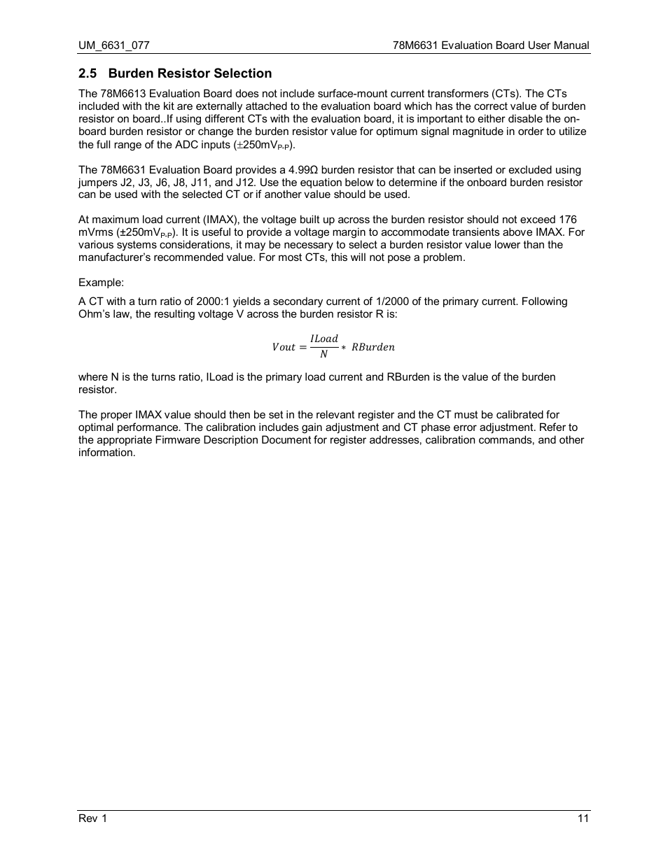 5 burden resistor selection, Burden resistor selection | Maxim Integrated 78M6631 Evaluation Board User Manual | Page 11 / 26