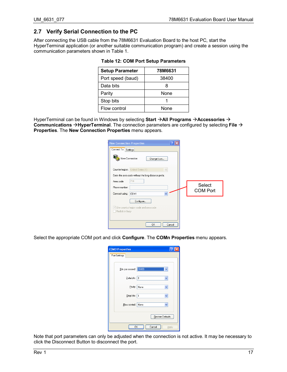 7 verify serial connection to the pc, Verify serial connection to the pc, Table 12: com port setup parameters | Maxim Integrated 78M6631 Evaluation Board User Manual | Page 17 / 26
