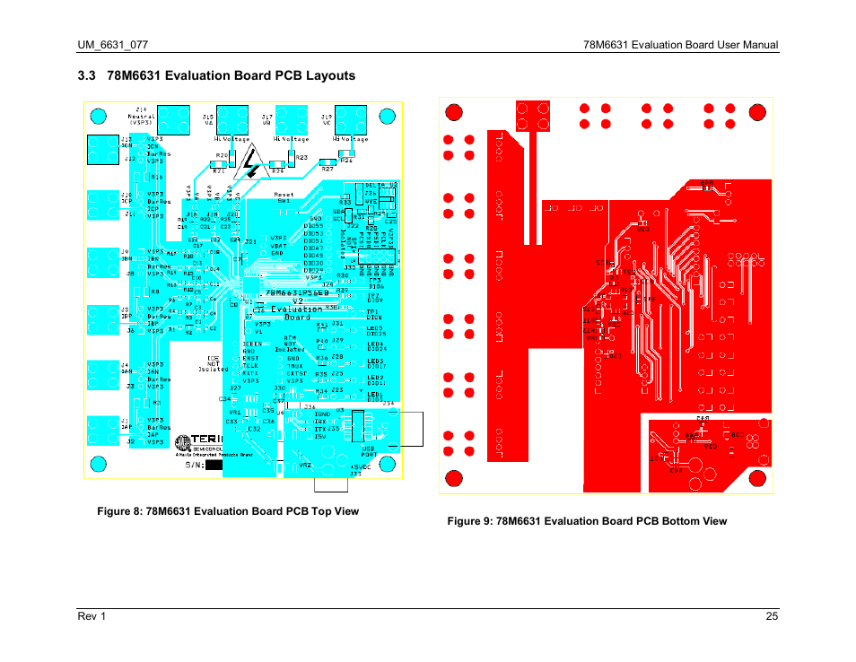 3 78m6631 evaluation board pcb layouts, 78m6631 evaluation board pcb layouts, Figure 8: 78m6631 evaluation board pcb top view | Figure 9: 78m6631 evaluation board pcb bottom view | Maxim Integrated 78M6631 Evaluation Board User Manual | Page 25 / 26