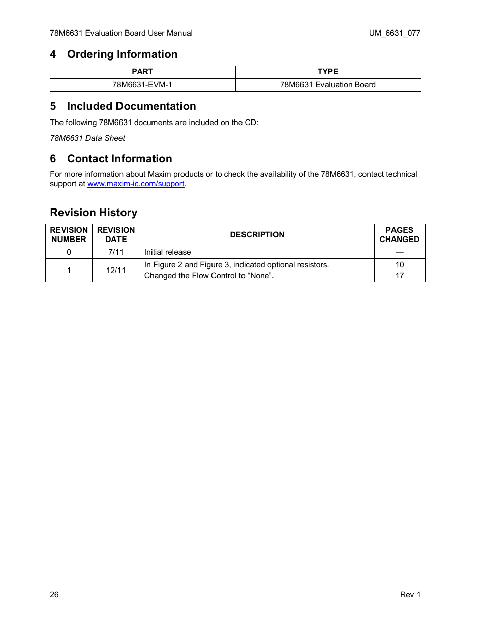 4 ordering information, 5 included documentation, 6 contact information | Revision history, Ordering information, Included documentation, Contact information | Maxim Integrated 78M6631 Evaluation Board User Manual | Page 26 / 26