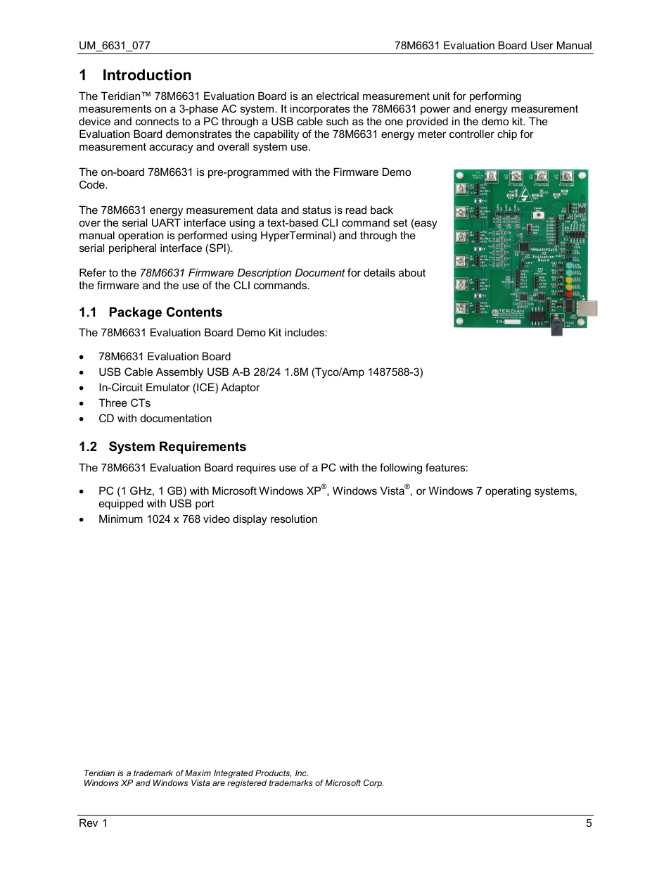 1 introduction, 1 package contents, 2 system requirements | Introduction, Package contents, System requirements | Maxim Integrated 78M6631 Evaluation Board User Manual | Page 5 / 26