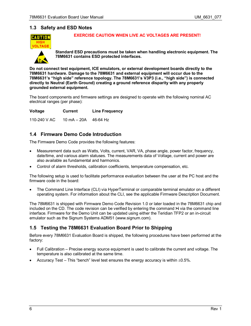 3 safety and esd notes, 4 firmware demo code introduction, Safety and esd notes | Firmware demo code introduction | Maxim Integrated 78M6631 Evaluation Board User Manual | Page 6 / 26