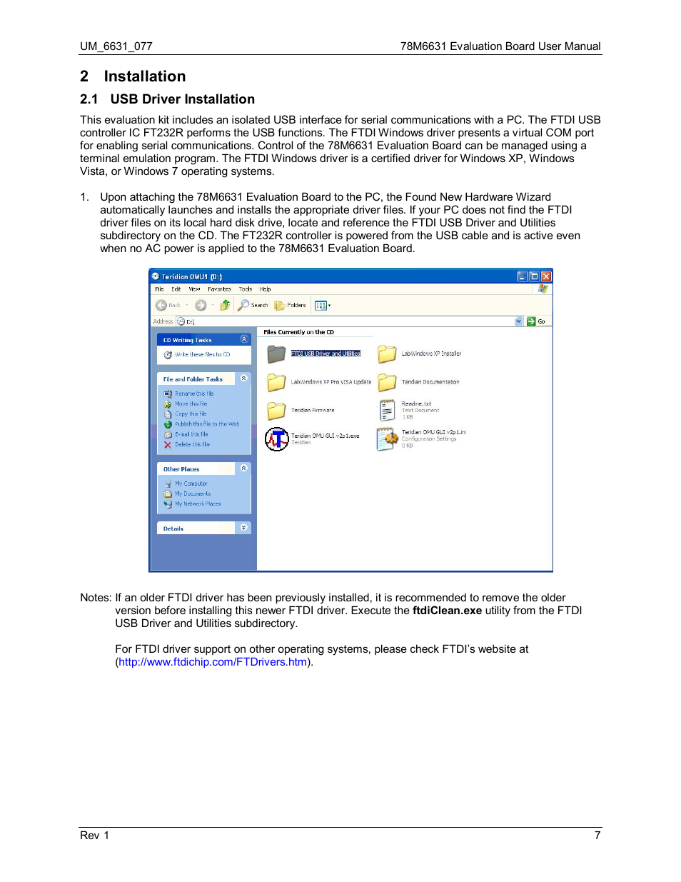 2 installation, 1 usb driver installation, Installation | Usb driver installation | Maxim Integrated 78M6631 Evaluation Board User Manual | Page 7 / 26